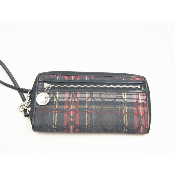 COACHβ Plaid Print Wristlet Wallet Black Red Zip Around Accordion - Picture 1 of 13